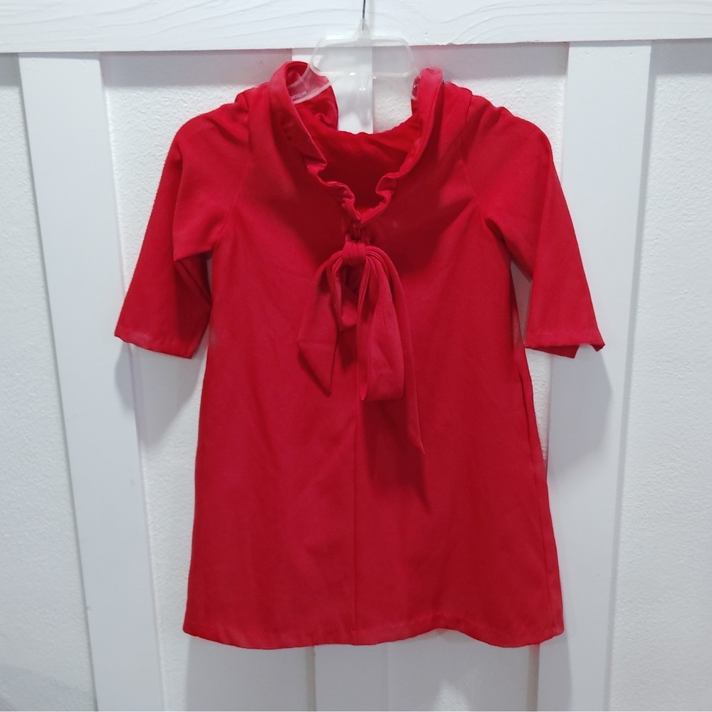 Gabby Girls Red Solid Shift Short Dress 3/4 Sleeve Ruffle Bow Zip Lined 10